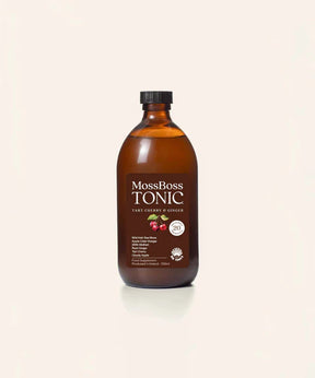 MossBoss Tonic Tart Cherry & Ginger, 500ml glass bottle featuring Wild Irish Sea Moss and apple cider vinegar.
