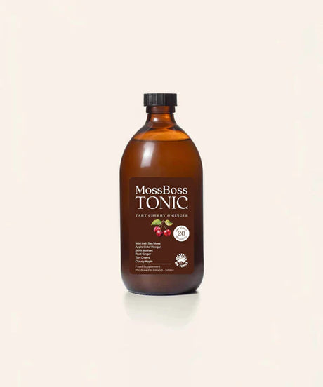 MossBoss Tonic Tart Cherry & Ginger, 500ml glass bottle featuring Wild Irish Sea Moss and apple cider vinegar.