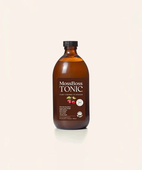 MossBoss Tonic Tart Cherry & Ginger, 500ml glass bottle featuring Wild Irish Sea Moss and apple cider vinegar.