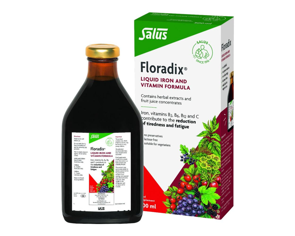Salus Floradix liquid iron and vitamin formula, 500ml bottle with packaging.