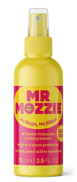 A 75ml bottle of Mr Mozzie DEET-free insect repellent spray with a plant-based active ingredient.