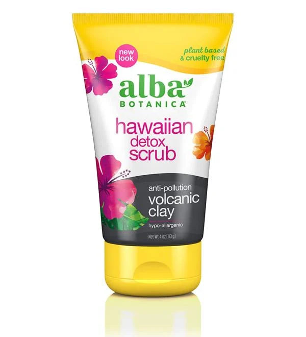 Alba Botanica Hawaiian Detox Scrub with volcanic clay. The tube is colorful with hibiscus flowers, highlighting its plant-based, cruelty-free formula.