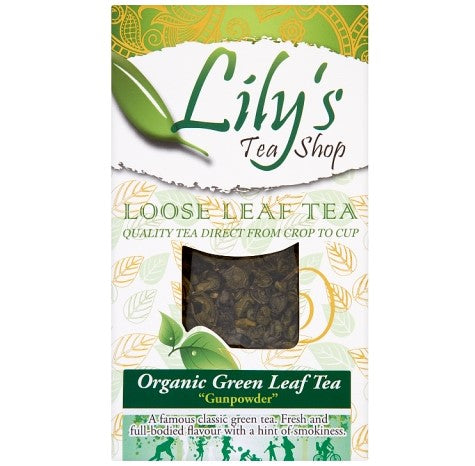 Lily's Tea Shop Organic Gunpowder loose leaf green tea packaging.