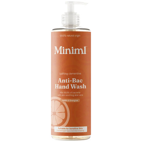Miniml 500ml glass bottle of uplifting clementine anti-bac hand wash, designed to kill 99.9% of bacteria while remaining suitable for sensitive skin.