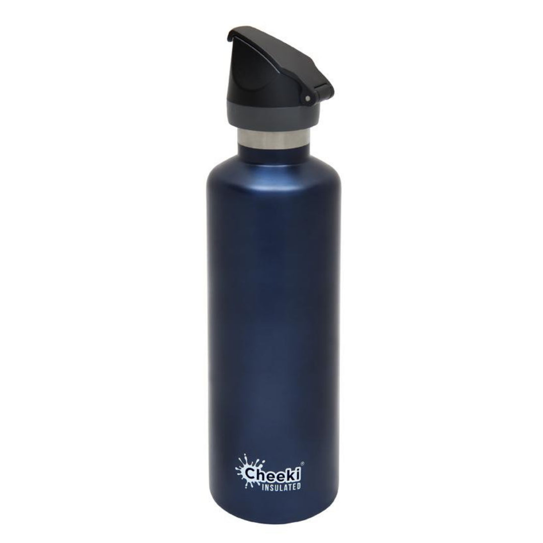 Cheeki insulated stainless steel water bottle in navy blue, featuring a black flip-top sports lid.
