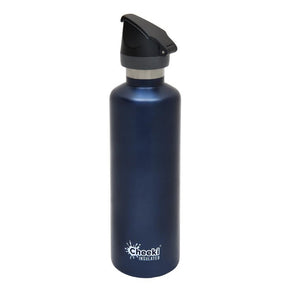 Cheeki insulated stainless steel water bottle in navy blue, featuring a black flip-top sports lid.
