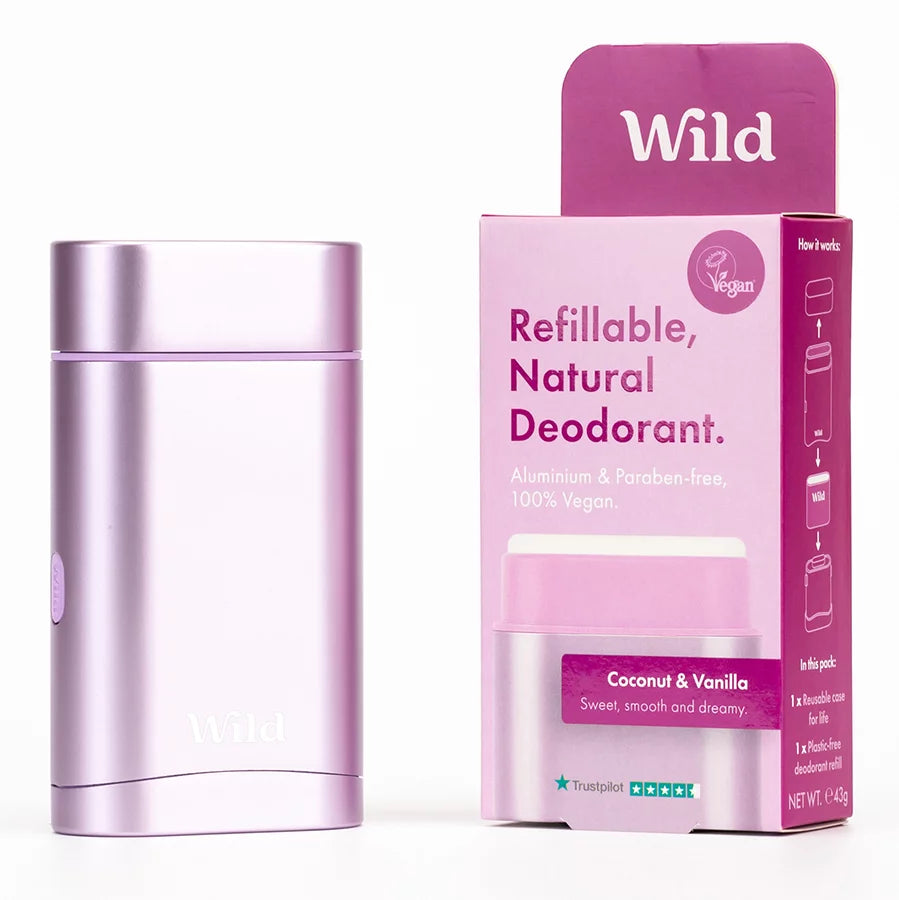 "Wild natural deodorant starter pack, featuring a reusable purple aluminium case and a Coconut & Vanilla scented deodorant refill, 100% vegan, aluminium-free, and paraben-free."