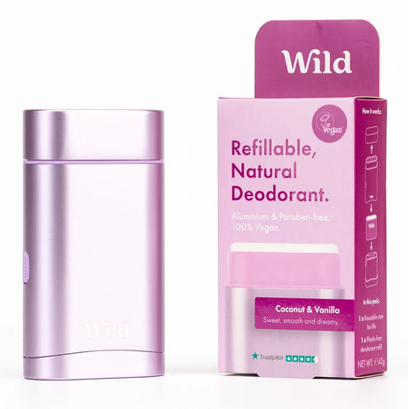 "Wild natural deodorant starter pack, featuring a reusable purple aluminium case and a Coconut & Vanilla scented deodorant refill, 100% vegan, aluminium-free, and paraben-free."