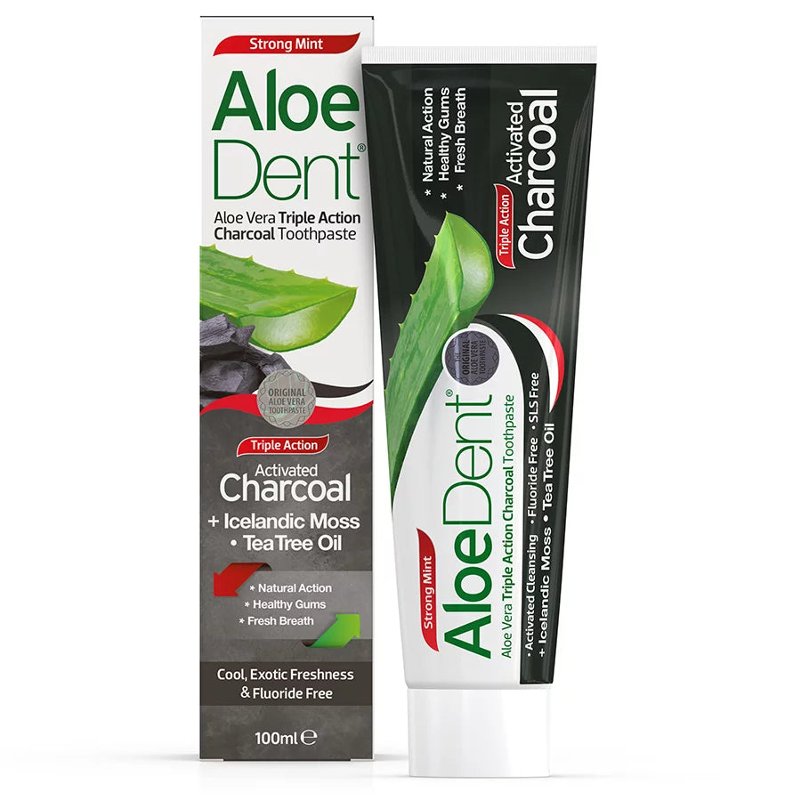 AloeDent triple action activated charcoal toothpaste with aloe vera, Icelandic moss, and tea tree oil, in a 100ml strong mint flavor tube.