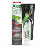 AloeDent triple action activated charcoal toothpaste with aloe vera, Icelandic moss, and tea tree oil, in a 100ml strong mint flavor tube.