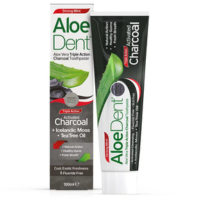 AloeDent triple action activated charcoal toothpaste with aloe vera, Icelandic moss, and tea tree oil, in a 100ml strong mint flavor tube.