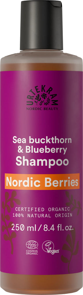 "Urtekram Nordic Beauty Sea Buckthorn & Blueberry Shampoo, 250ml bottle, certified organic and vegan, formulated with Nordic berries."
