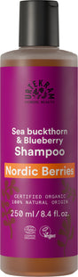 "Urtekram Nordic Beauty Sea Buckthorn & Blueberry Shampoo, 250ml bottle, certified organic and vegan, formulated with Nordic berries."