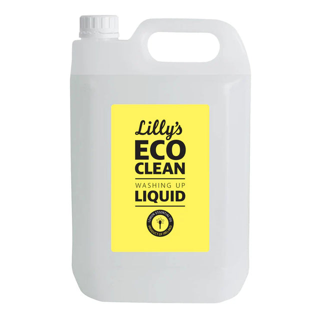 Lilly's Eco Clean lemon scented washing-up liquid, 5-liter bulk refill container, made in Ireland with lemon essential oil.
