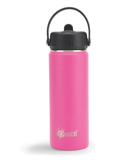 "Cheeki 600ml adventure water bottle in magenta, featuring a black straw lid and carry loop."