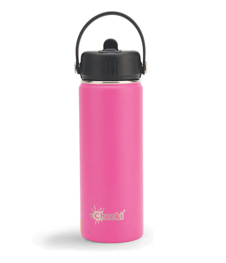 "Cheeki 600ml adventure water bottle in magenta, featuring a black straw lid and carry loop."