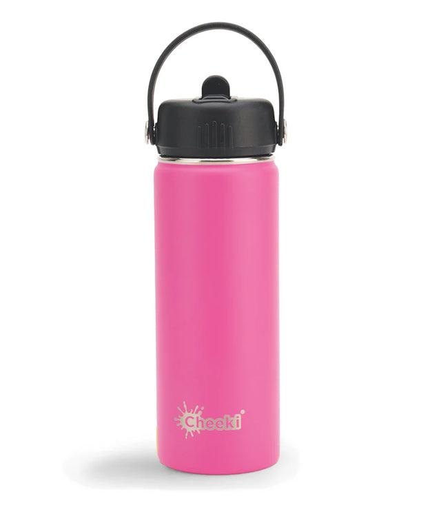 "Cheeki 600ml adventure water bottle in magenta, featuring a black straw lid and carry loop."