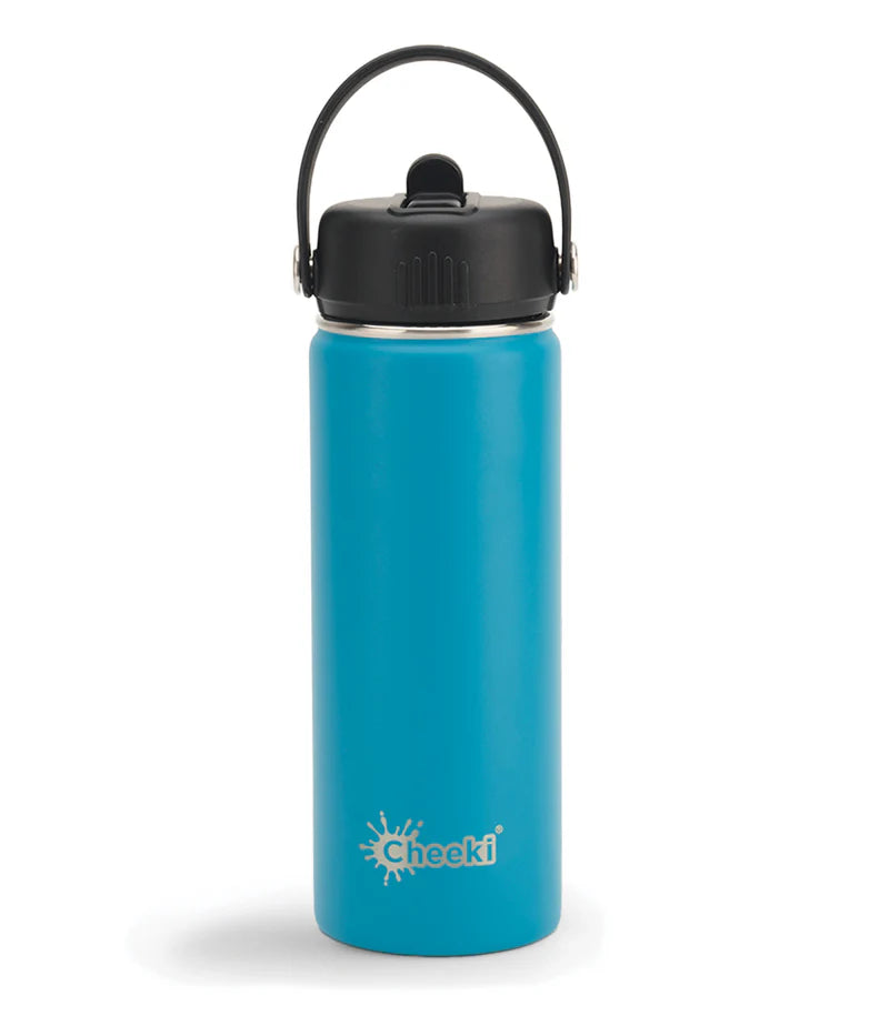 "Cheeki 600ml adventure water bottle in blue, featuring a black straw lid and carry loop."