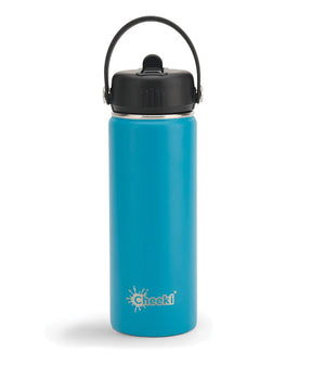 "Cheeki 600ml adventure water bottle in blue, featuring a black straw lid and carry loop."
