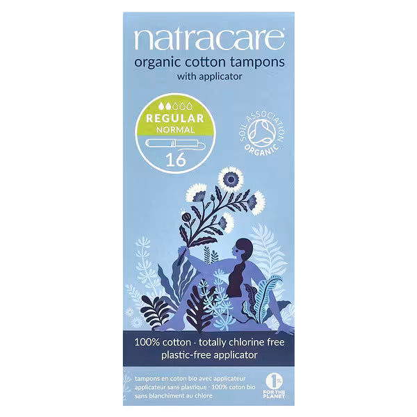 A 16-count pack of Natracare regular organic cotton tampons with a plastic-free applicator.