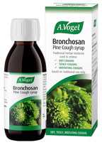A.Vogel Bronchosan Pine Cough syrup, a traditional herbal medicine formulated to relieve dry, tickly, and irritating coughs, shown in its bottle alongside its product packaging.