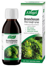 A.Vogel Bronchosan Pine Cough syrup, a traditional herbal medicine formulated to relieve dry, tickly, and irritating coughs, shown in its bottle alongside its product packaging.