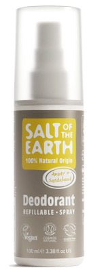Salt of the Earth Amber & Sandalwood Deodorant Spray, a 100ml, 100% natural origin, vegan-friendly, and cruelty-free refillable deodorant spray.