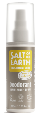 Salt of the Earth Amber & Sandalwood Deodorant Spray, a 100ml, 100% natural origin, vegan-friendly, and cruelty-free refillable deodorant spray.