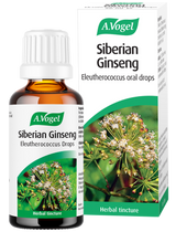 Bottle of A. Vogel Siberian Ginseng drops in front of its box. Both feature a botanical image, suggesting natural, herbal health benefits.