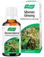 Bottle of A. Vogel Siberian Ginseng drops in front of its box. Both feature a botanical image, suggesting natural, herbal health benefits.