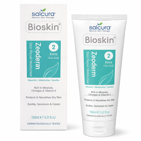 Salcura Bioskin Zeoderm Skin Repair Moisturiser for eczema and psoriasis relief natural steroid-free cream for dry itchy skin.