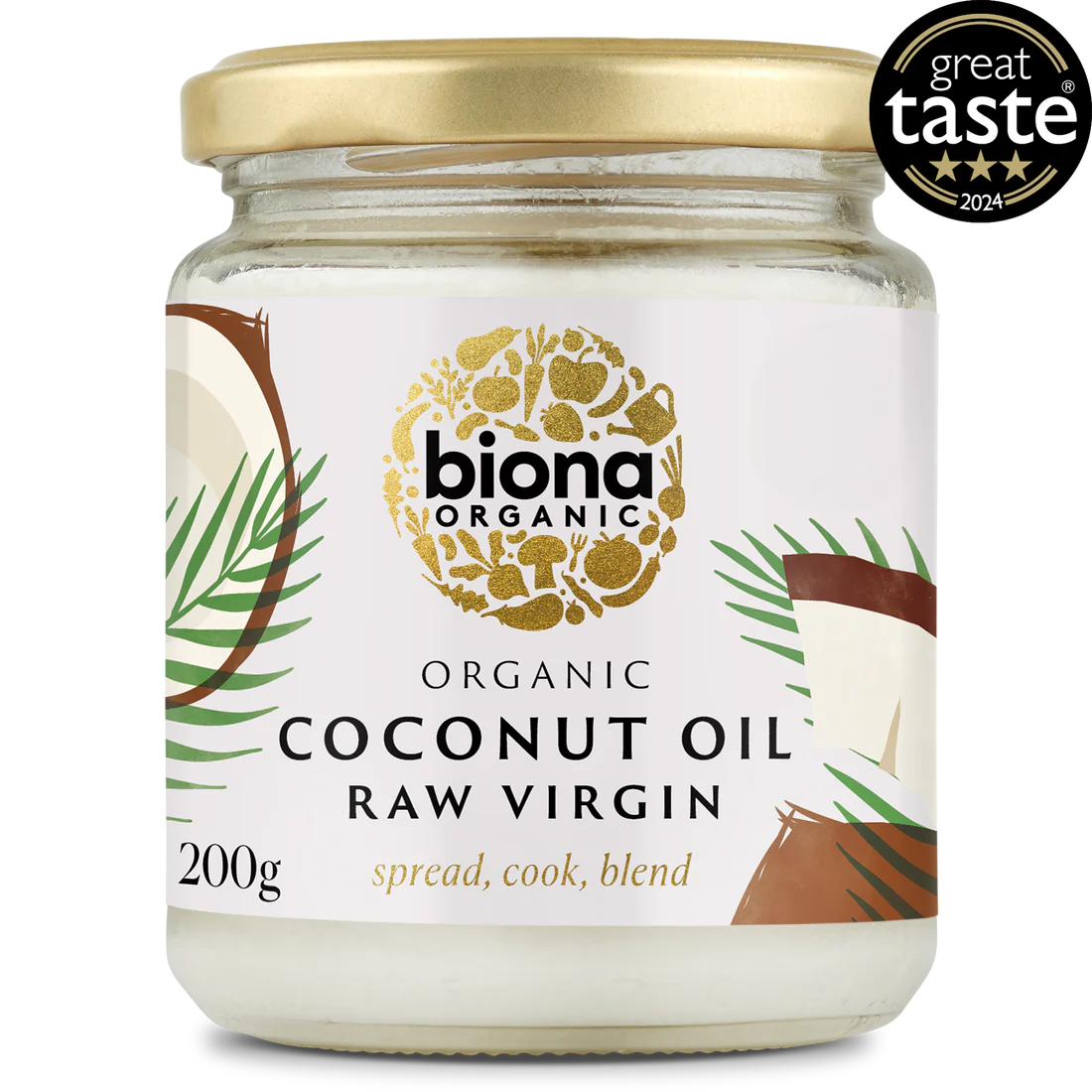 A jar of Biona Organic Raw Virgin Coconut Oil with a gold lid and tropical design, featuring palm leaves and coconut imagery. It has a "Great Taste 2024" award badge.