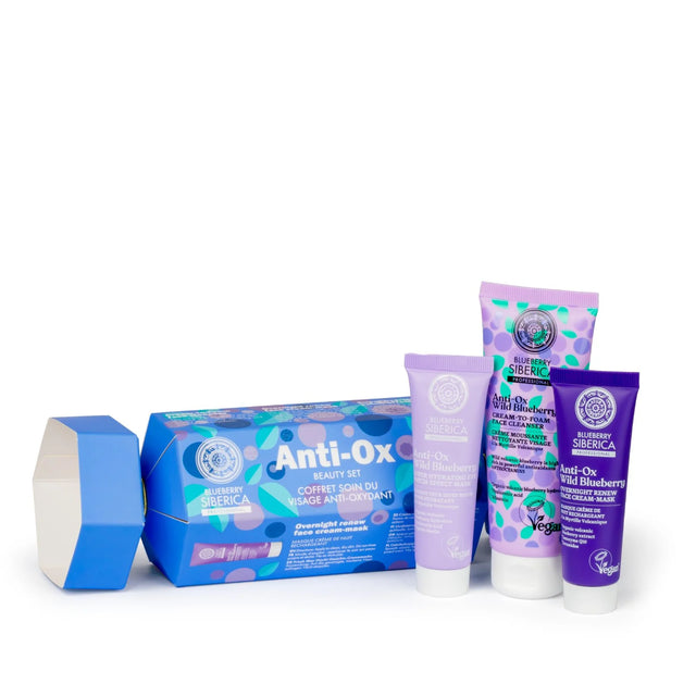 Blueberry Siberica Anti-Ox beauty set including cleanser, mask, and cream.
