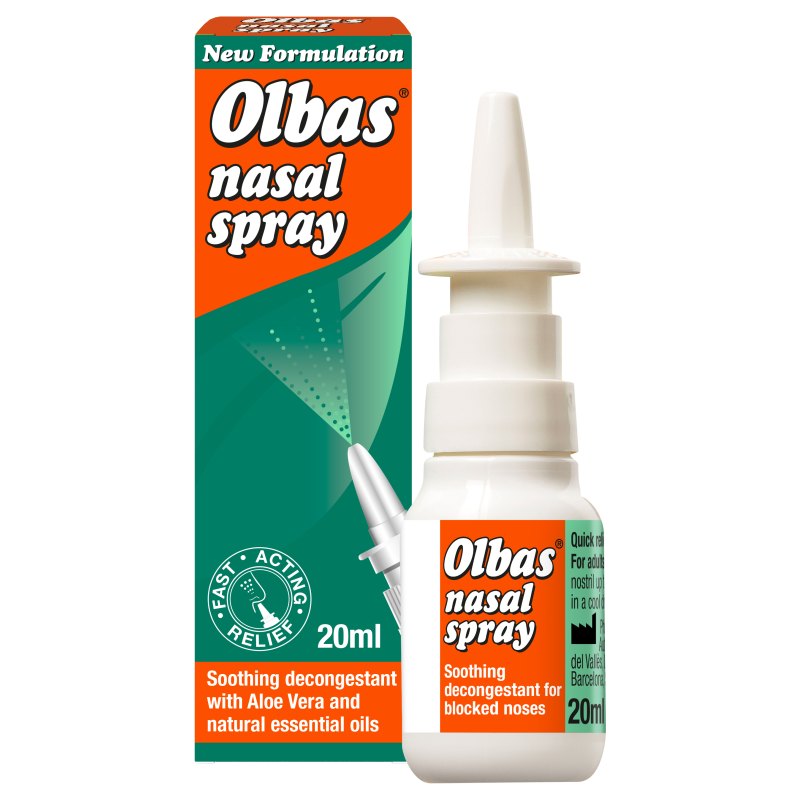 A 20ml bottle and box of fast-acting decongestant nasal spray.