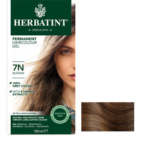 Herbatint Permanent Haircolour Gel, shade 7N Blonde, 150ml, features 100% grey coverage with 8 herbal extracts, is dermatologically tested for sensitive skin, and is free from ammonia, resorcinol, parabens, alcohol, and fragrance.