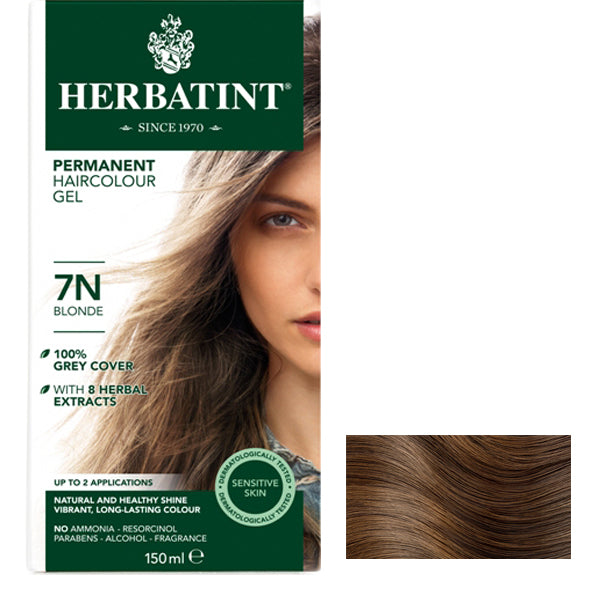 Herbatint Permanent Haircolour Gel, shade 7N Blonde, 150ml, features 100% grey coverage with 8 herbal extracts, is dermatologically tested for sensitive skin, and is free from ammonia, resorcinol, parabens, alcohol, and fragrance.