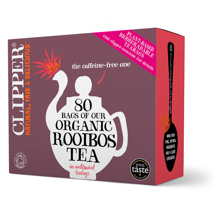 Clipper Organic Rooibos Tea, containing 80 unbleached, plant-based, and biodegradable teabags.