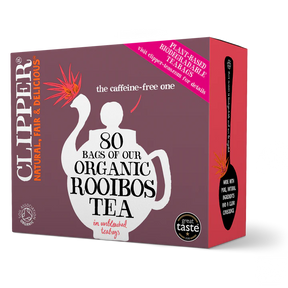 Clipper Organic Rooibos Tea, containing 80 unbleached, plant-based, and biodegradable teabags.
