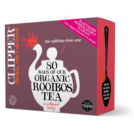 Clipper Organic Rooibos Tea, containing 80 unbleached, plant-based, and biodegradable teabags.