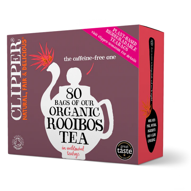 Clipper Organic Rooibos Tea, containing 80 unbleached, plant-based, and biodegradable teabags.