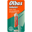 Olbas Inhaler nasal stick, which contains pure plant oils to provide relief from catarrh, colds, and blocked sinuses.