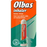 Olbas Inhaler nasal stick, which contains pure plant oils to provide relief from catarrh, colds, and blocked sinuses.