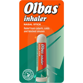 Olbas Inhaler nasal stick, which contains pure plant oils to provide relief from catarrh, colds, and blocked sinuses.