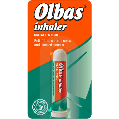 Olbas Inhaler nasal stick, which contains pure plant oils to provide relief from catarrh, colds, and blocked sinuses.