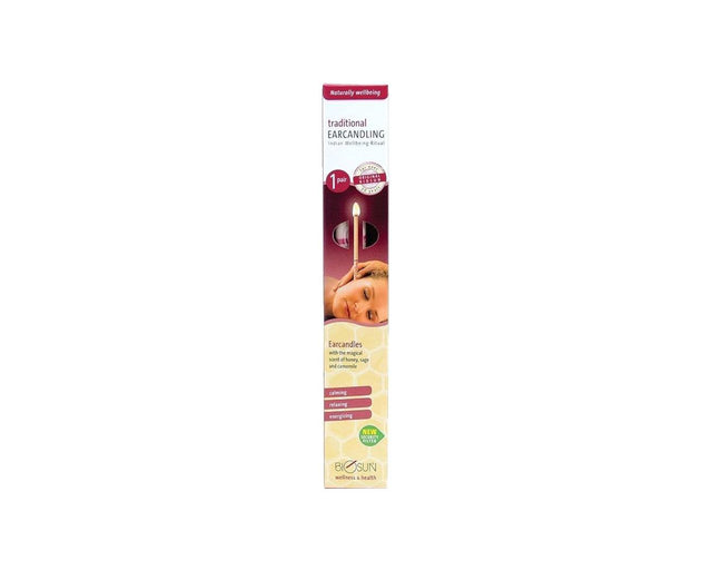 Biosun traditional ear candles, a pair designed for the Indian wellbeing ritual, featuring a calming scent of honey, sage, and camomile, and equipped with a new security filter.