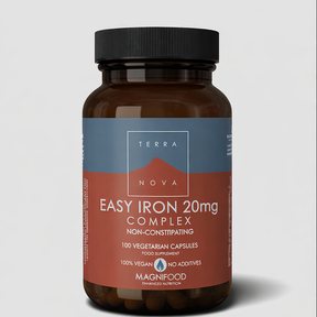 Terranova Easy Iron 20mg Complex vegan capsules for energy support and red blood cell formation.