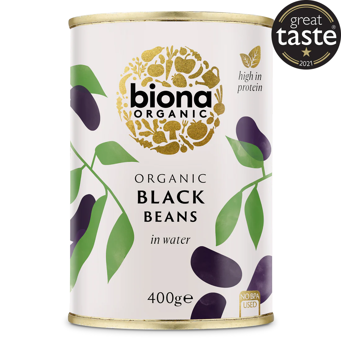 Biona Organic Black Beans in water, a high-in-protein product in a 400g can, featuring a Great Taste 2021 award.