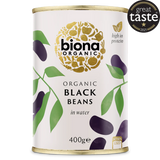 Biona Organic Black Beans in water, a high-in-protein product in a 400g can, featuring a Great Taste 2021 award.