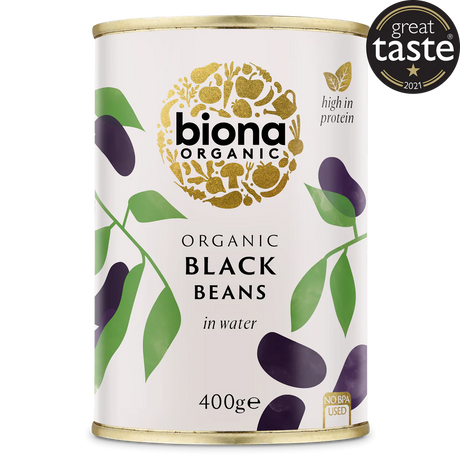 Biona Organic Black Beans in water, a high-in-protein product in a 400g can, featuring a Great Taste 2021 award.