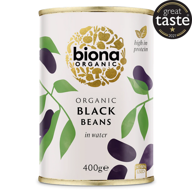 Biona Organic Black Beans in water, a high-in-protein product in a 400g can, featuring a Great Taste 2021 award.